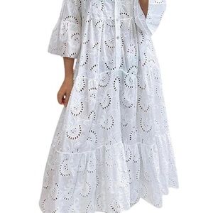 Boho White Eyelet Lace Maxi Dress - Tiered V-Neck Sundress